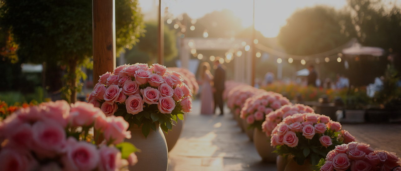 Pathway decorated with vibrant pink Ecuadorian roses during sunset