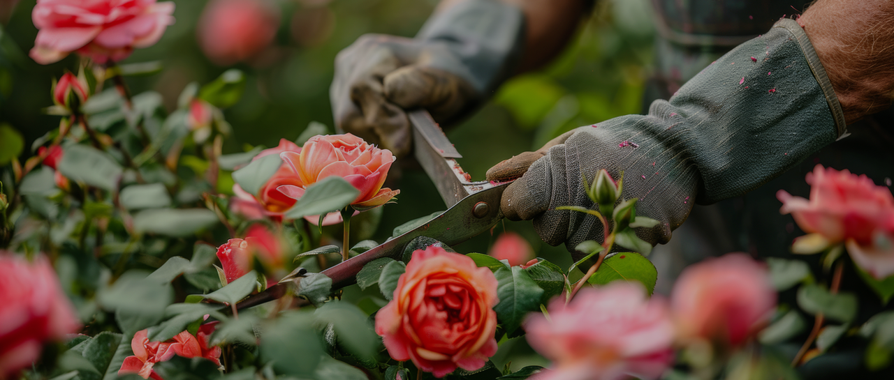 Farmer cutting fresh roses with pruning shears in Ecuador